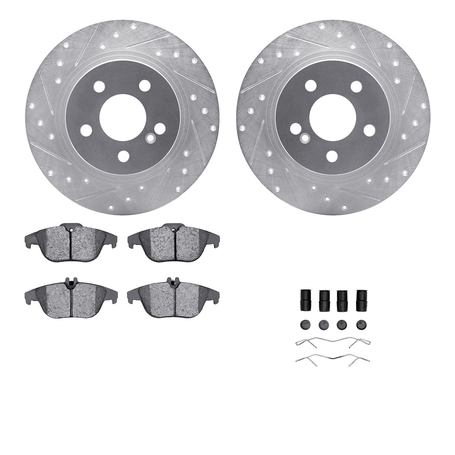 Dynamic Friction Company Rear Brake Rotors-Drilled and Slotted-Silver with 5000 Euro Ceramic Brake Pads includes Hardware 7612-63068