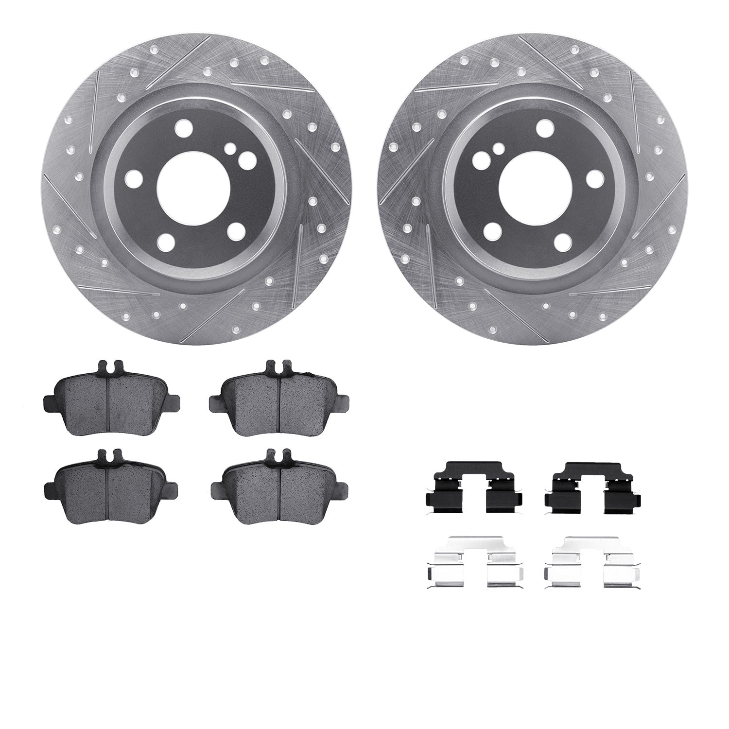 Dynamic Friction Company Rear Brake Rotors-Drilled and Slotted-Silver with 5000 Euro Ceramic Brake Pads includes Hardware 7612-63070