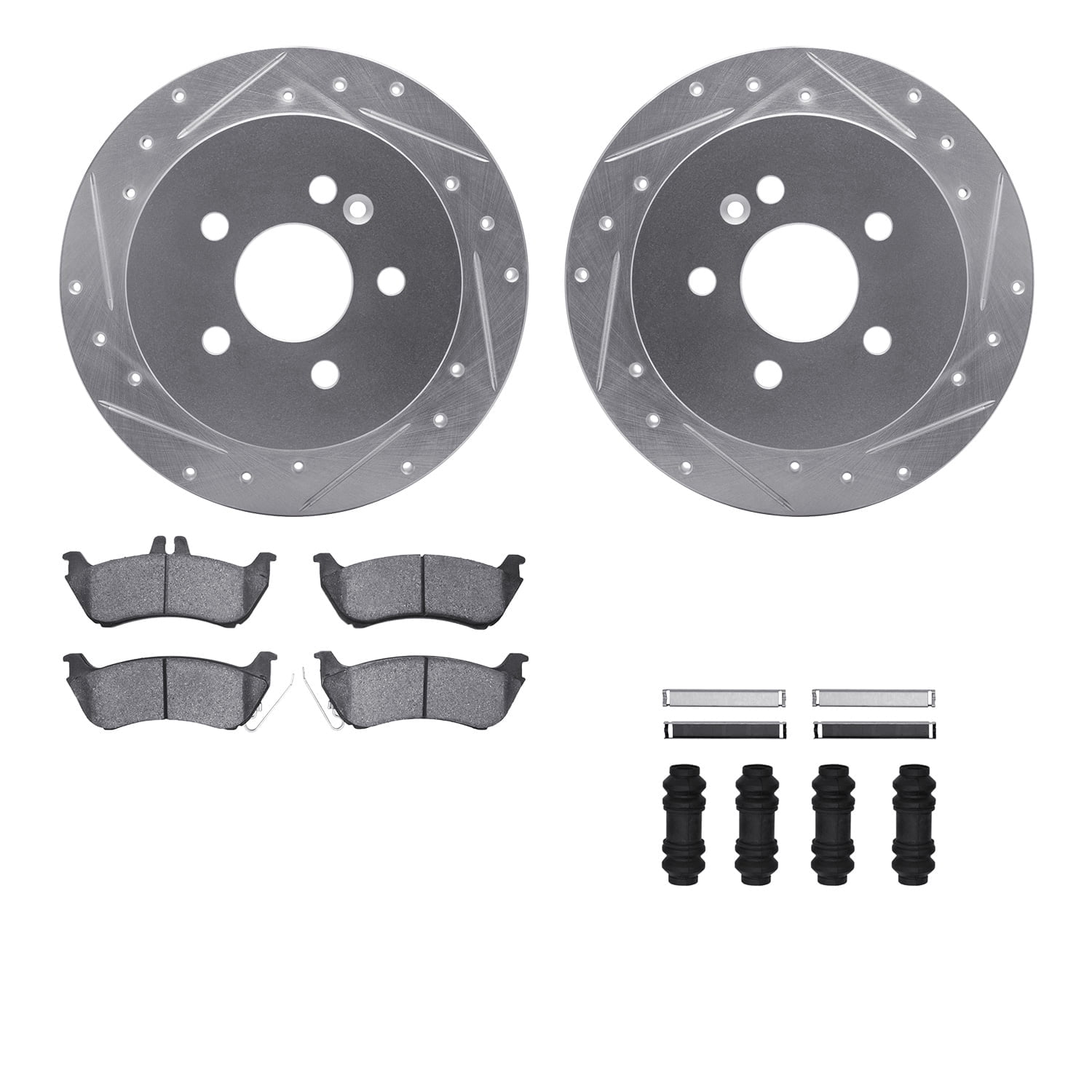 Dynamic Friction Company Rear Brake Rotors-Drilled and Slotted-Silver with 5000 Euro Ceramic Brake Pads includes Hardware 7612-63078