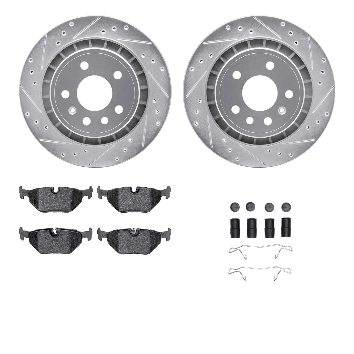 Dynamic Friction Company Rear Brake Rotors-Drilled and Slotted-Silver with 5000 Euro Ceramic Brake Pads includes Hardware 7612-65008