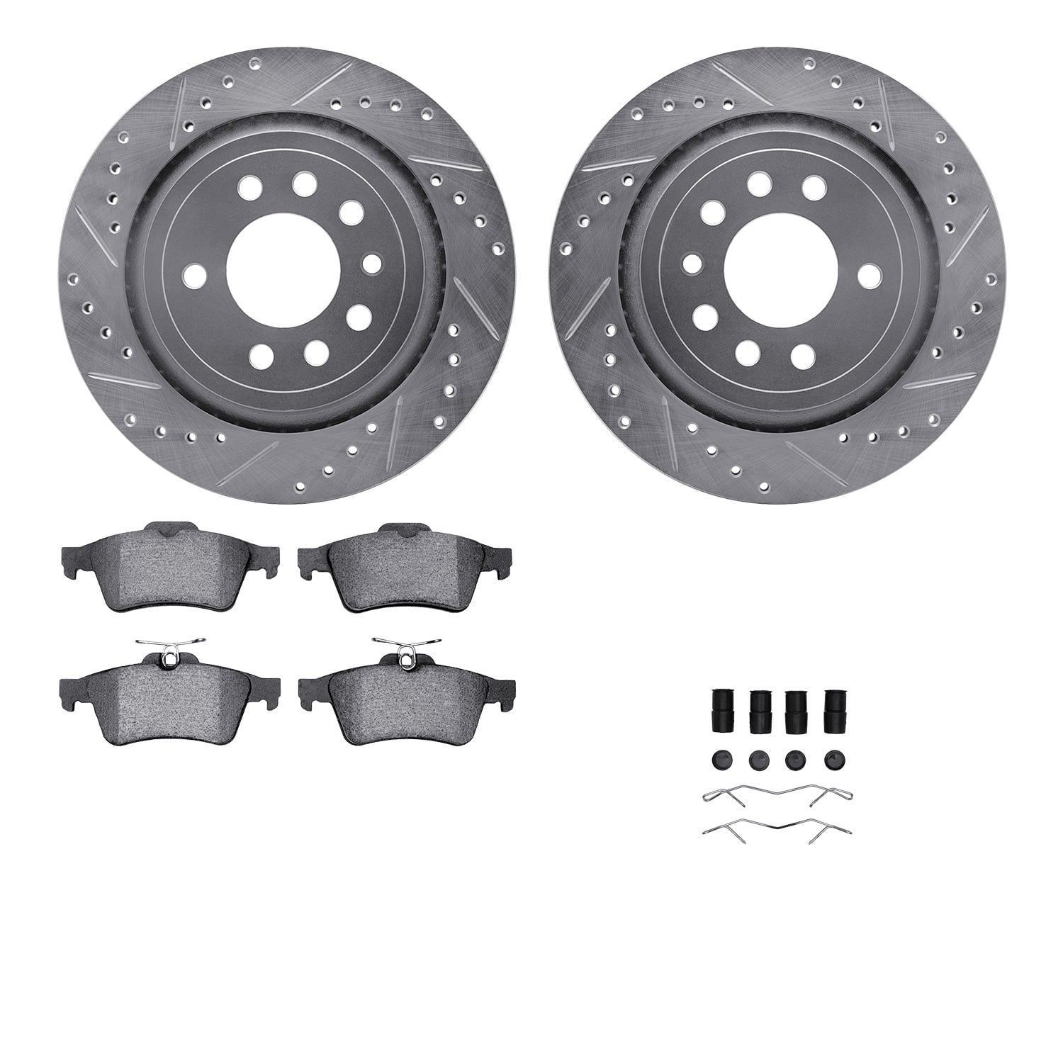 Dynamic Friction Company Rear Brake Rotors-Drilled and Slotted-Silver with 5000 Euro Ceramic Brake Pads includes Hardware 7612-65016