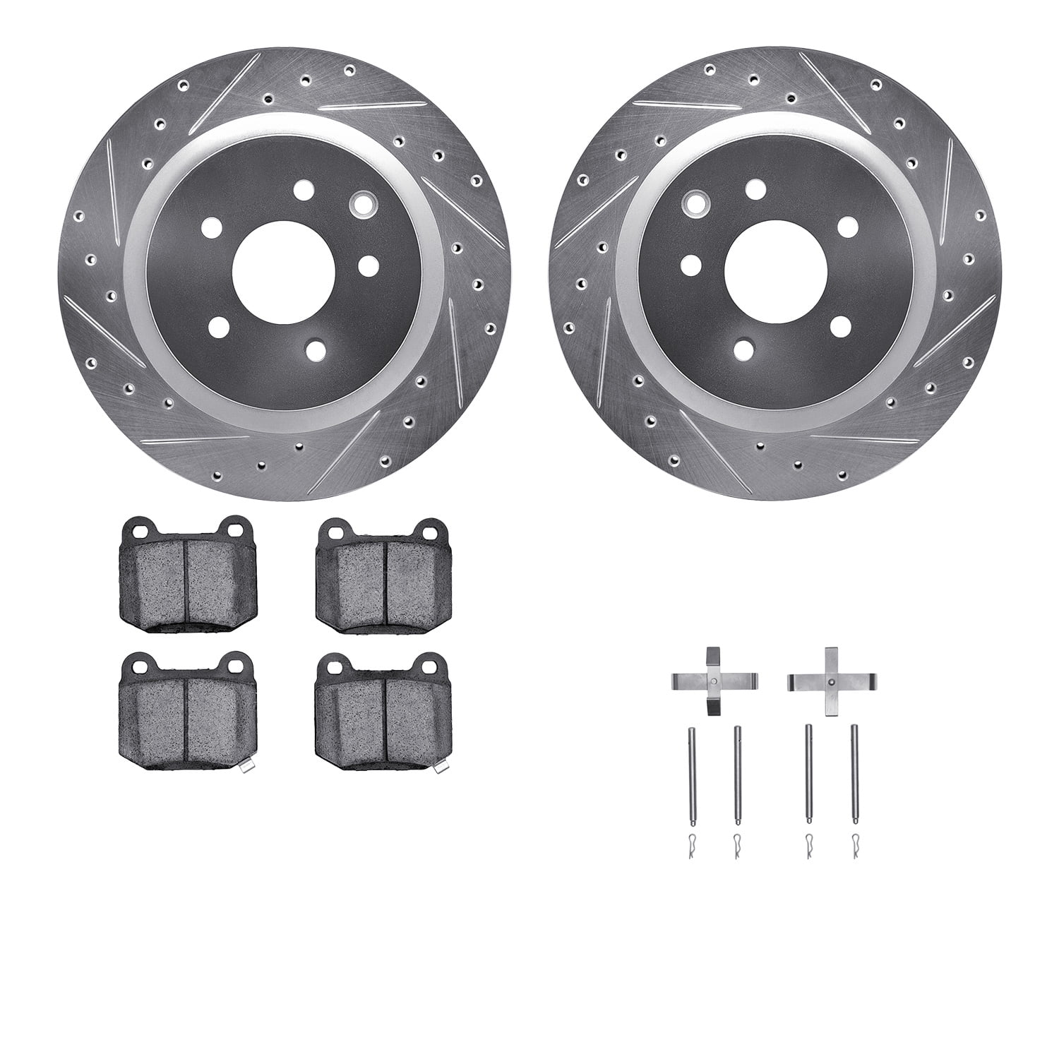 Dynamic Friction Company Rear Brake Rotors-Drilled and Slotted-Silver with 5000 Euro Ceramic Brake Pads includes Hardware 7612-68002
