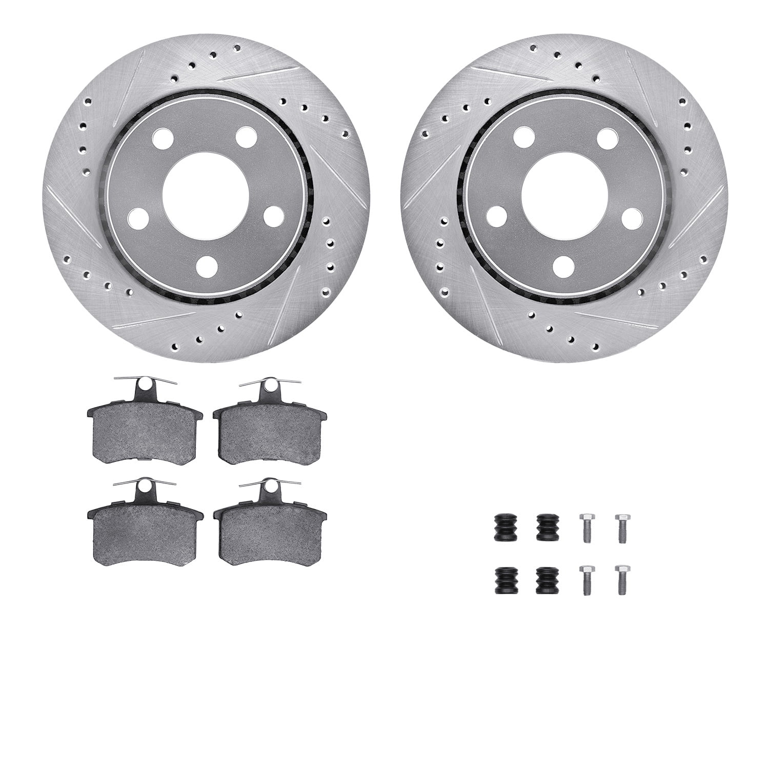 Dynamic Friction Company Rear Brake Rotors-Drilled and Slotted-Silver with 5000 Euro Ceramic Brake Pads includes Hardware 7612-73003