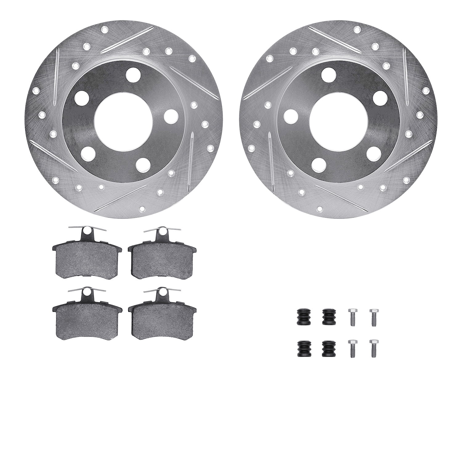Dynamic Friction Company Rear Brake Rotors-Drilled and Slotted-Silver with 5000 Euro Ceramic Brake Pads includes Hardware 7612-73011