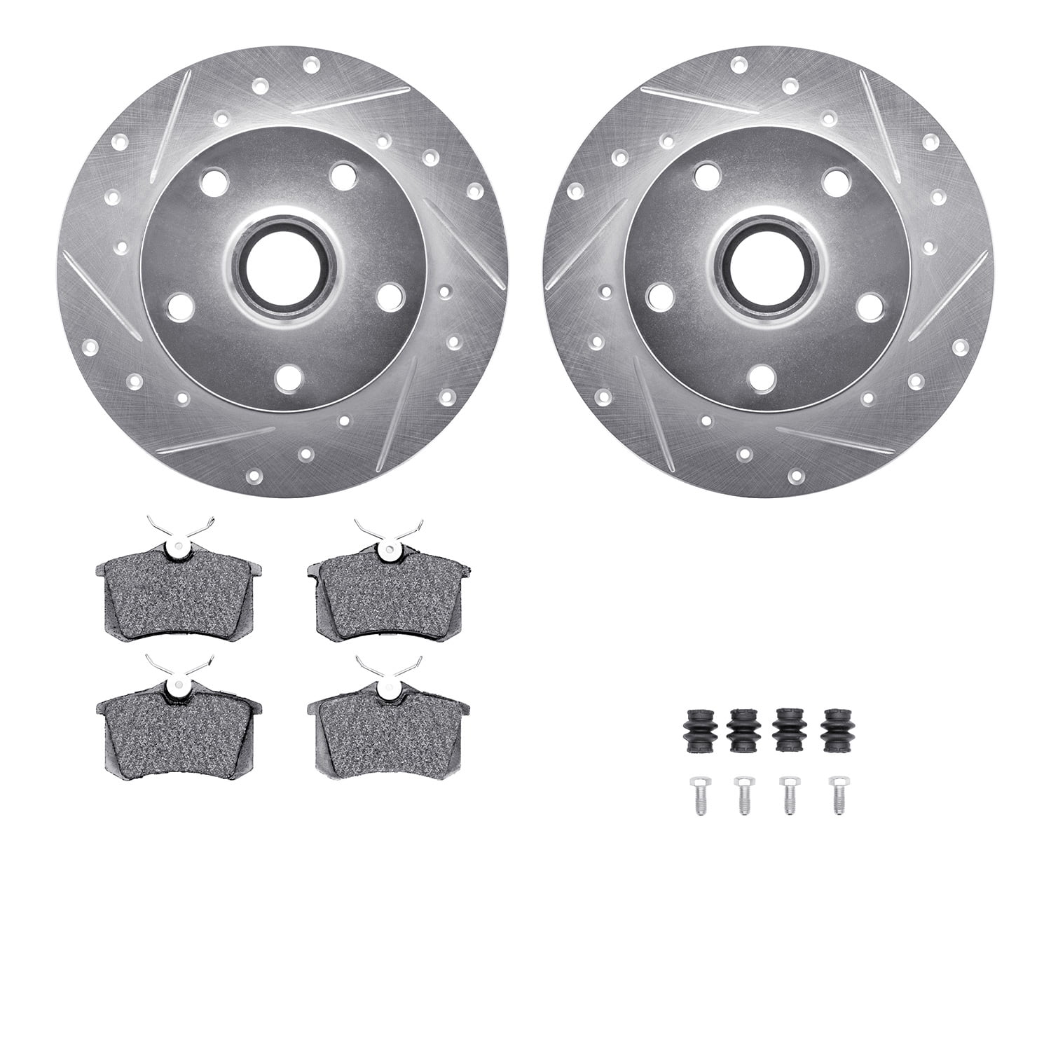Dynamic Friction Company Rear Brake Rotors-Drilled and Slotted-Silver with 5000 Euro Ceramic Brake Pads includes Hardware 7612-73019