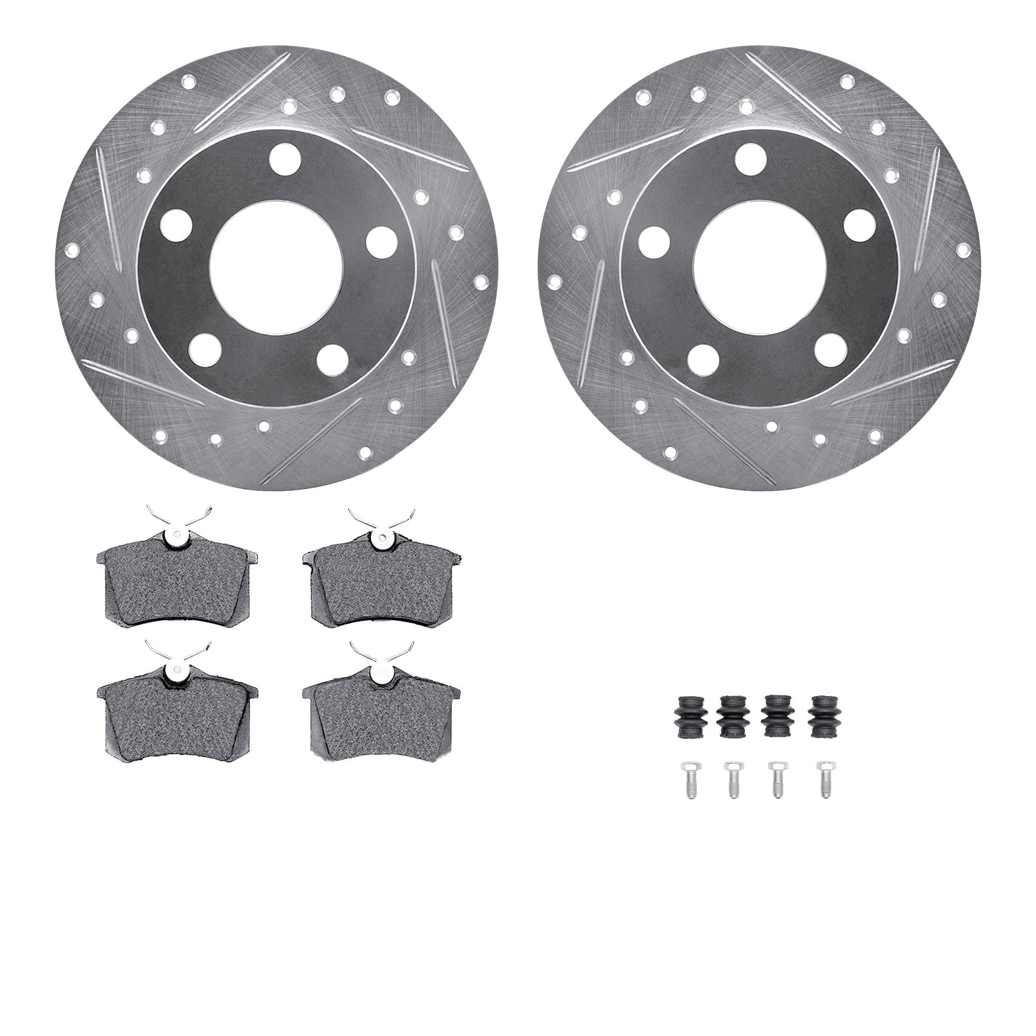 Dynamic Friction Company Rear Brake Rotors-Drilled and Slotted-Silver with 5000 Euro Ceramic Brake Pads includes Hardware 7612-73020