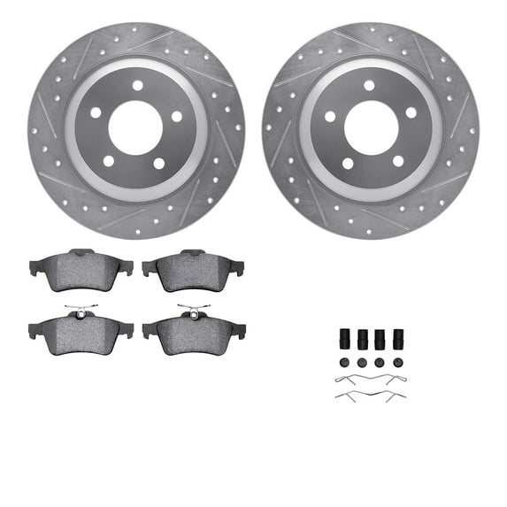 Dynamic Friction Company Rear Brake Rotors-Drilled and Slotted-Silver with 5000 Euro Ceramic Brake Pads includes Hardware 7612-80005