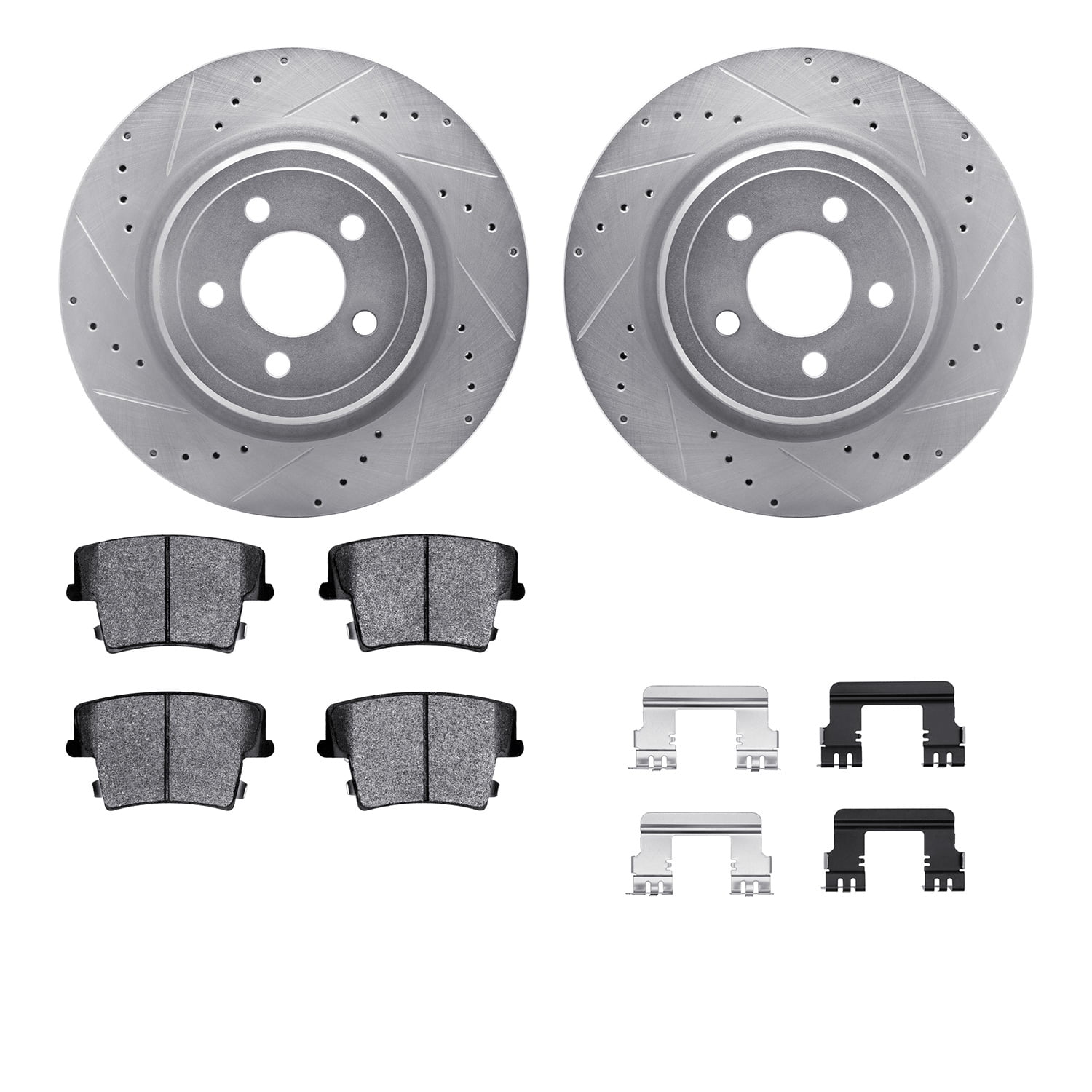 Dynamic Friction Company Rear Brake Rotors-Drilled and Slotted-Silver with Heavy Duty Brake Pads includes Hardware 7212-39047