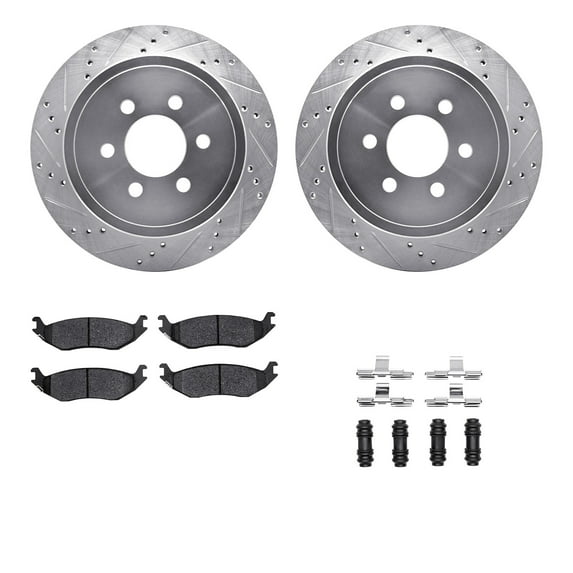 Dynamic Friction Company Rear Brake Rotors-Drilled and Slotted-Silver with Heavy Duty Brake Pads includes Hardware 7212-40170