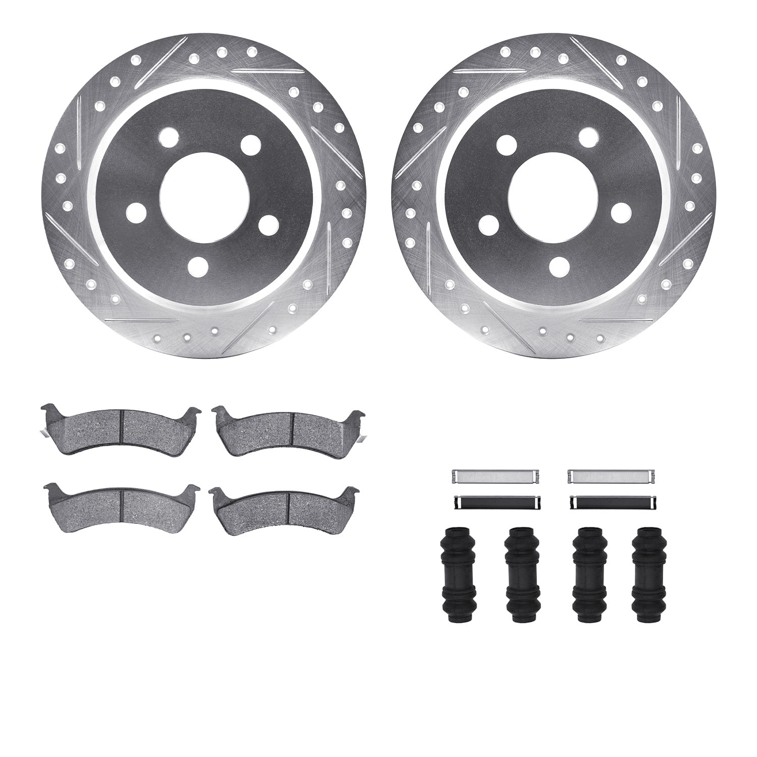 Dynamic Friction Company Rear Brake Rotors-Drilled and Slotted-Silver with Heavy Duty Brake Pads includes Hardware 7212-42092
