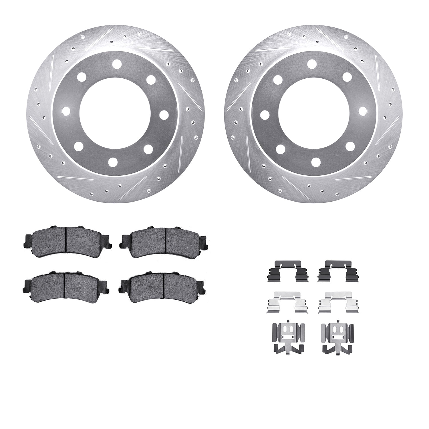 Dynamic Friction Company Rear Brake Rotors-Drilled and Slotted-Silver with Heavy Duty Brake Pads includes Hardware 7212-46001