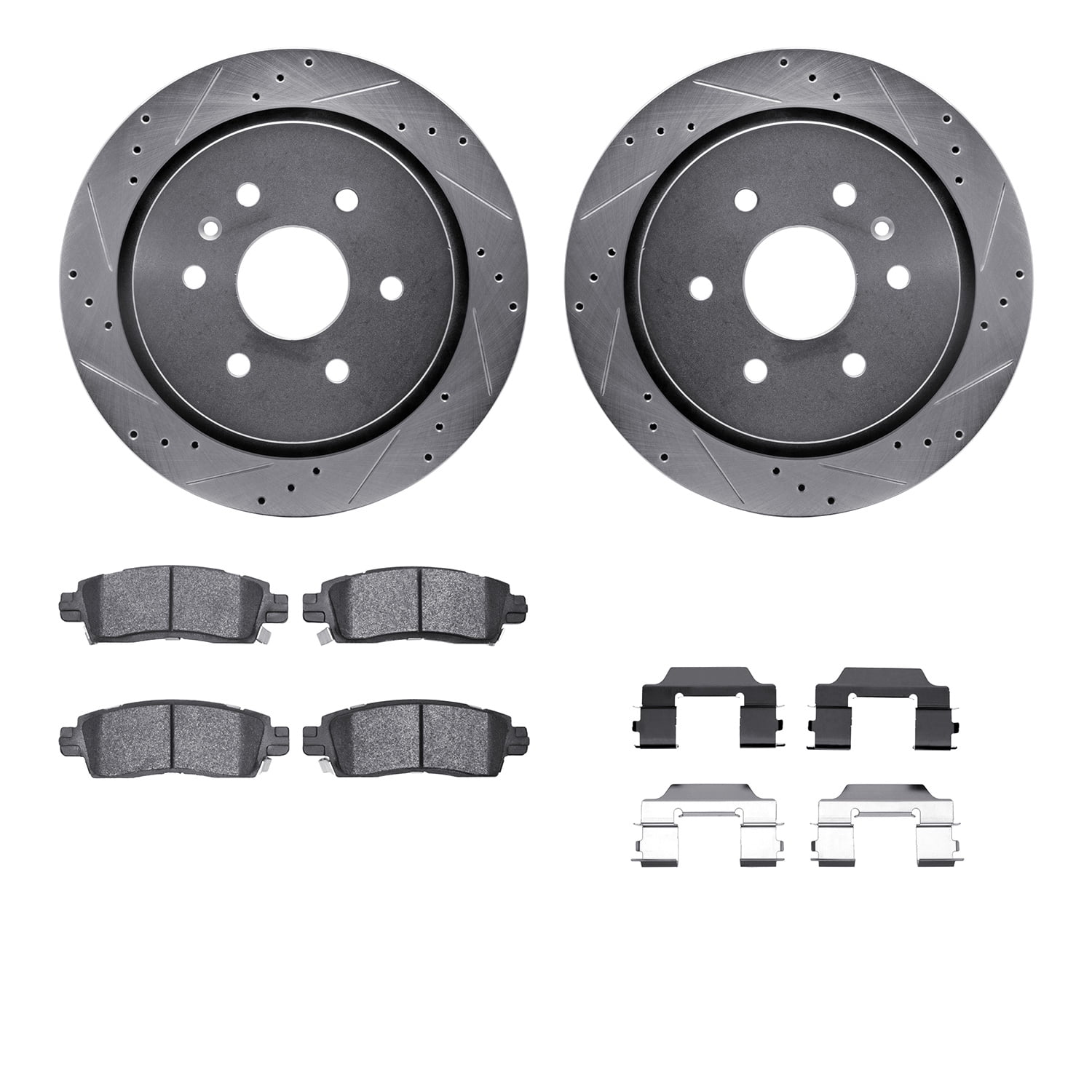 Dynamic Friction Company Rear Brake Rotors-Drilled and Slotted-Silver with Heavy Duty Brake Pads includes Hardware 7212-46069