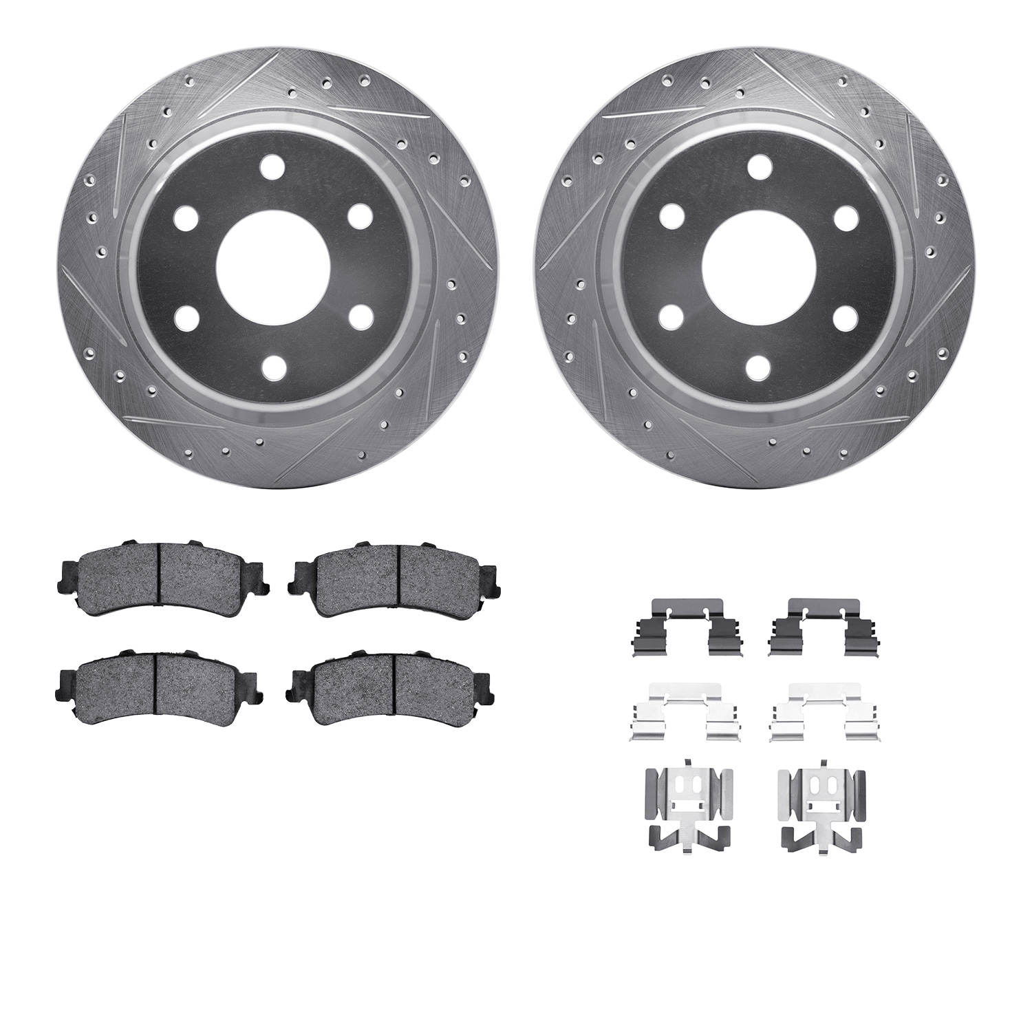 Dynamic Friction Company Rear Brake Rotors-Drilled and Slotted-Silver with Heavy Duty Brake Pads includes Hardware 7212-48009