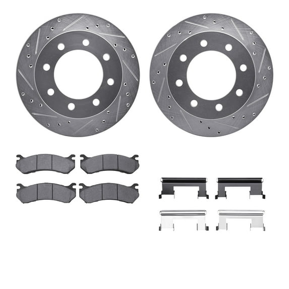 Dynamic Friction Company Rear Brake Rotors-Drilled and Slotted-Silver with Heavy Duty Brake Pads includes Hardware 7212-48012