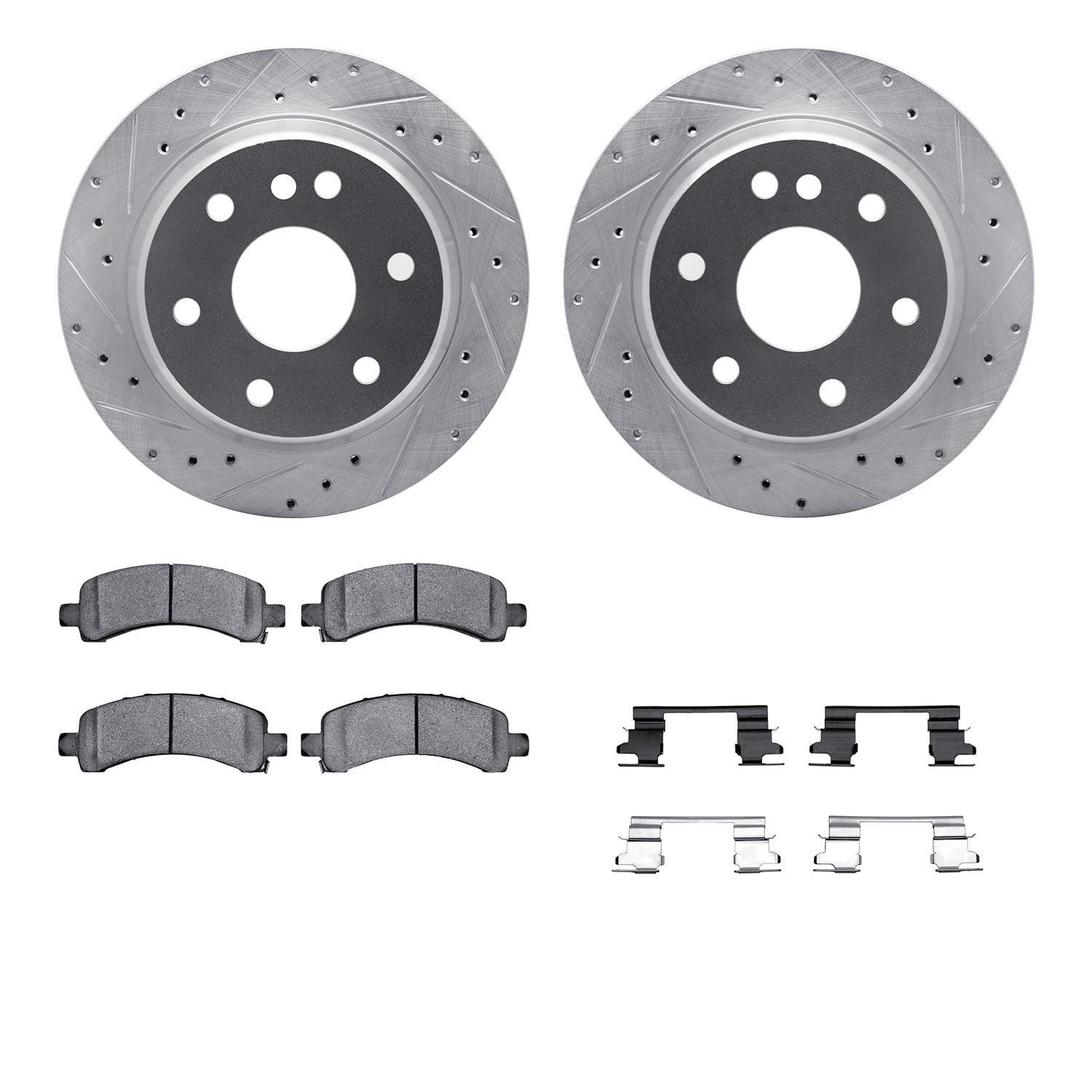 Dynamic Friction Company Rear Brake Rotors-Drilled and Slotted-Silver with Heavy Duty Brake Pads includes Hardware 7212-48015