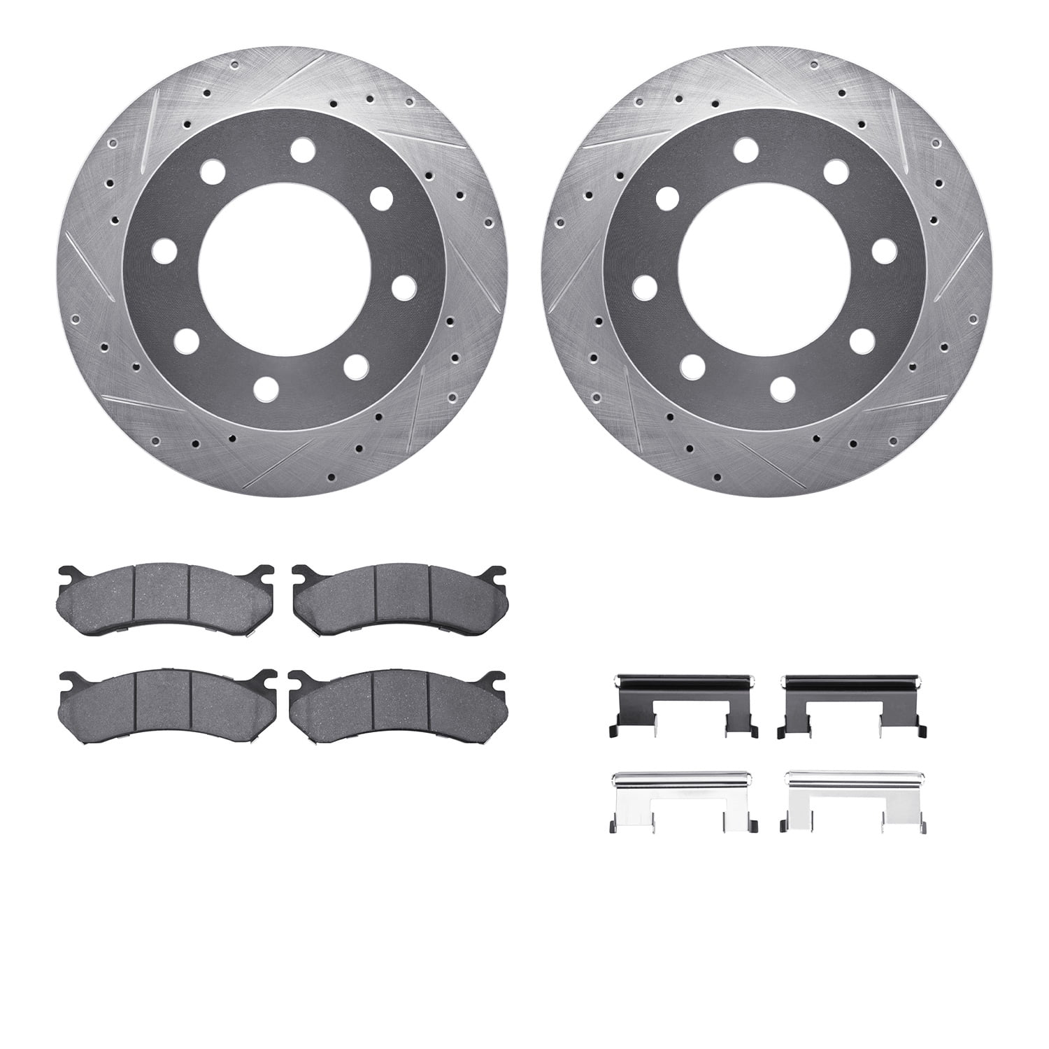 Dynamic Friction Company Rear Brake Rotors-Drilled and Slotted-Silver with Heavy Duty Brake Pads includes Hardware 7212-48023