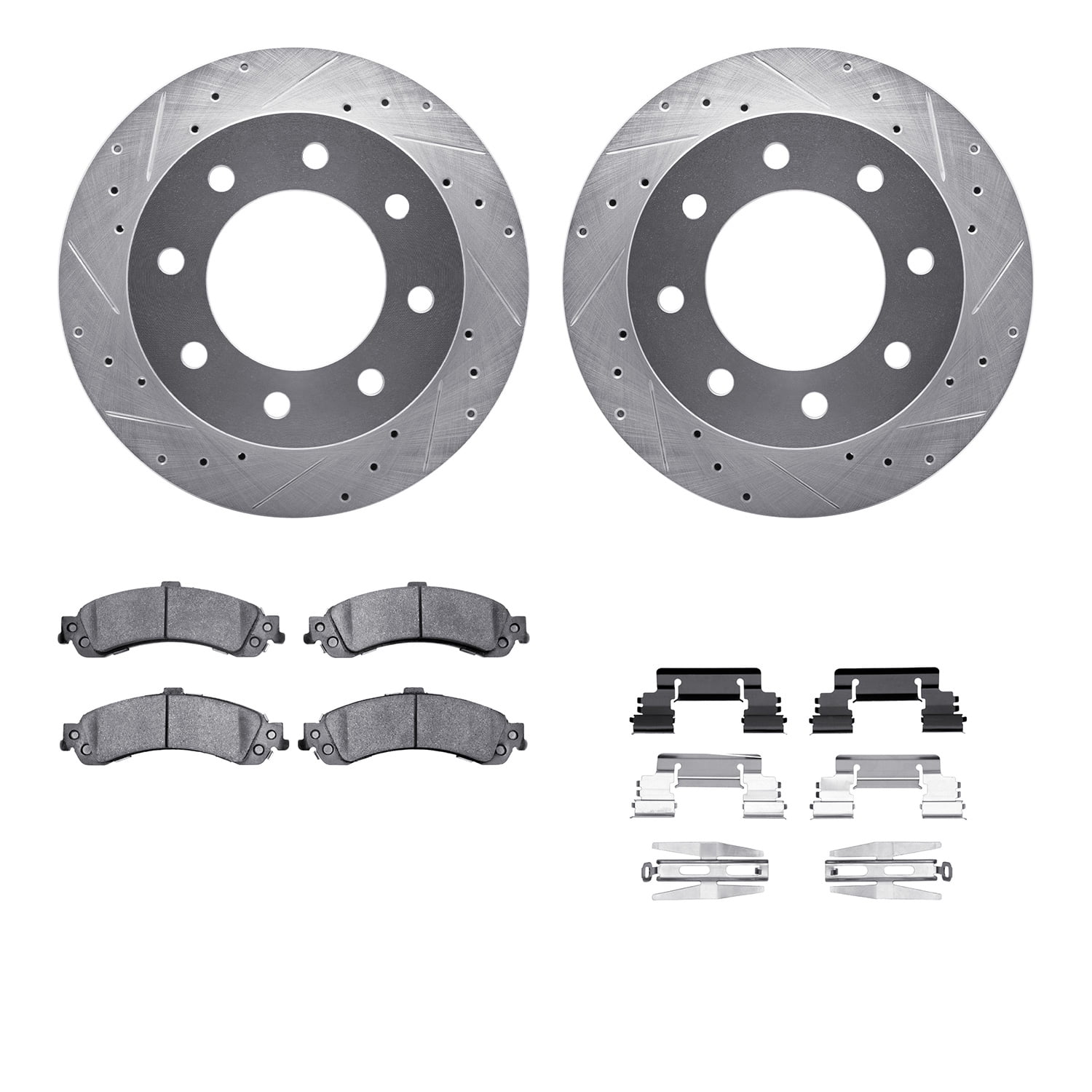 Dynamic Friction Company Rear Brake Rotors-Drilled and Slotted-Silver with Heavy Duty Brake Pads includes Hardware 7212-48024
