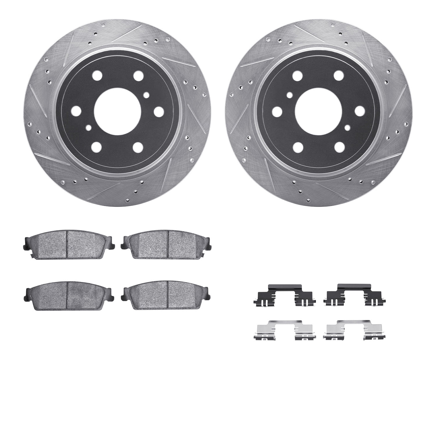 Dynamic Friction Company Rear Brake Rotors-Drilled and Slotted-Silver with Heavy Duty Brake Pads includes Hardware 7212-48027