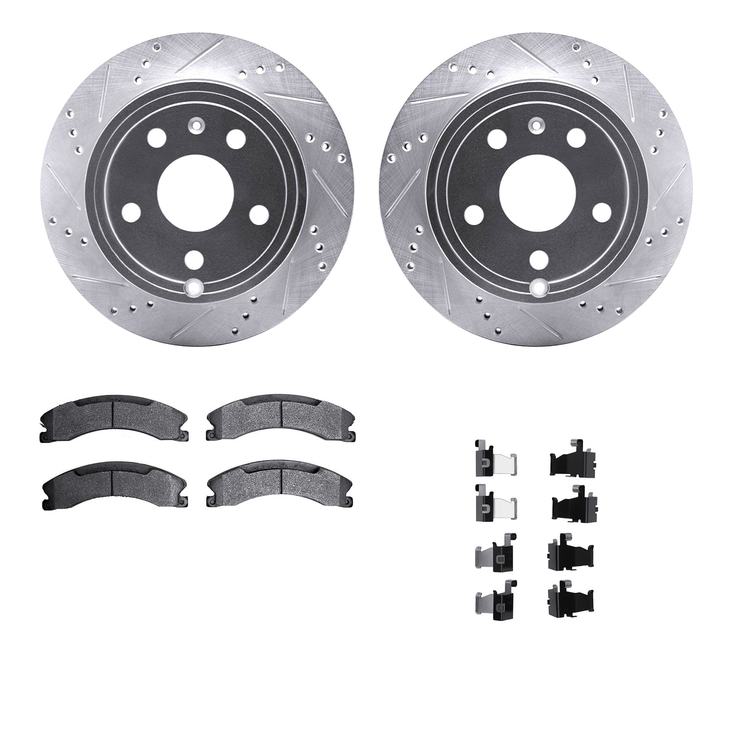 Dynamic Friction Company Rear Brake Rotors-Drilled and Slotted-Silver with Heavy Duty Brake Pads includes Hardware 7212-48028