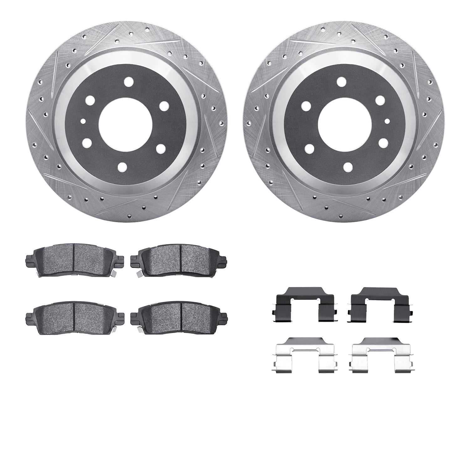 Dynamic Friction Company Rear Brake Rotors-Drilled and Slotted-Silver with Heavy Duty Brake Pads includes Hardware 7212-48134