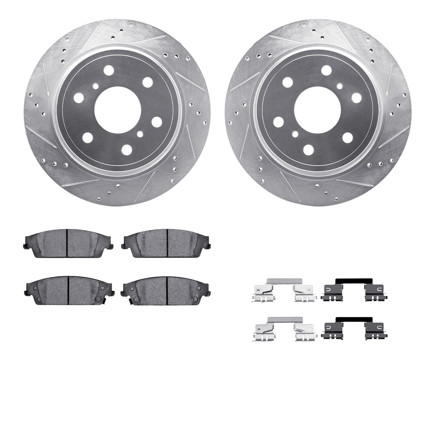 Dynamic Friction Company Rear Brake Rotors-Drilled and Slotted-Silver with Heavy Duty Brake Pads includes Hardware 7212-48149