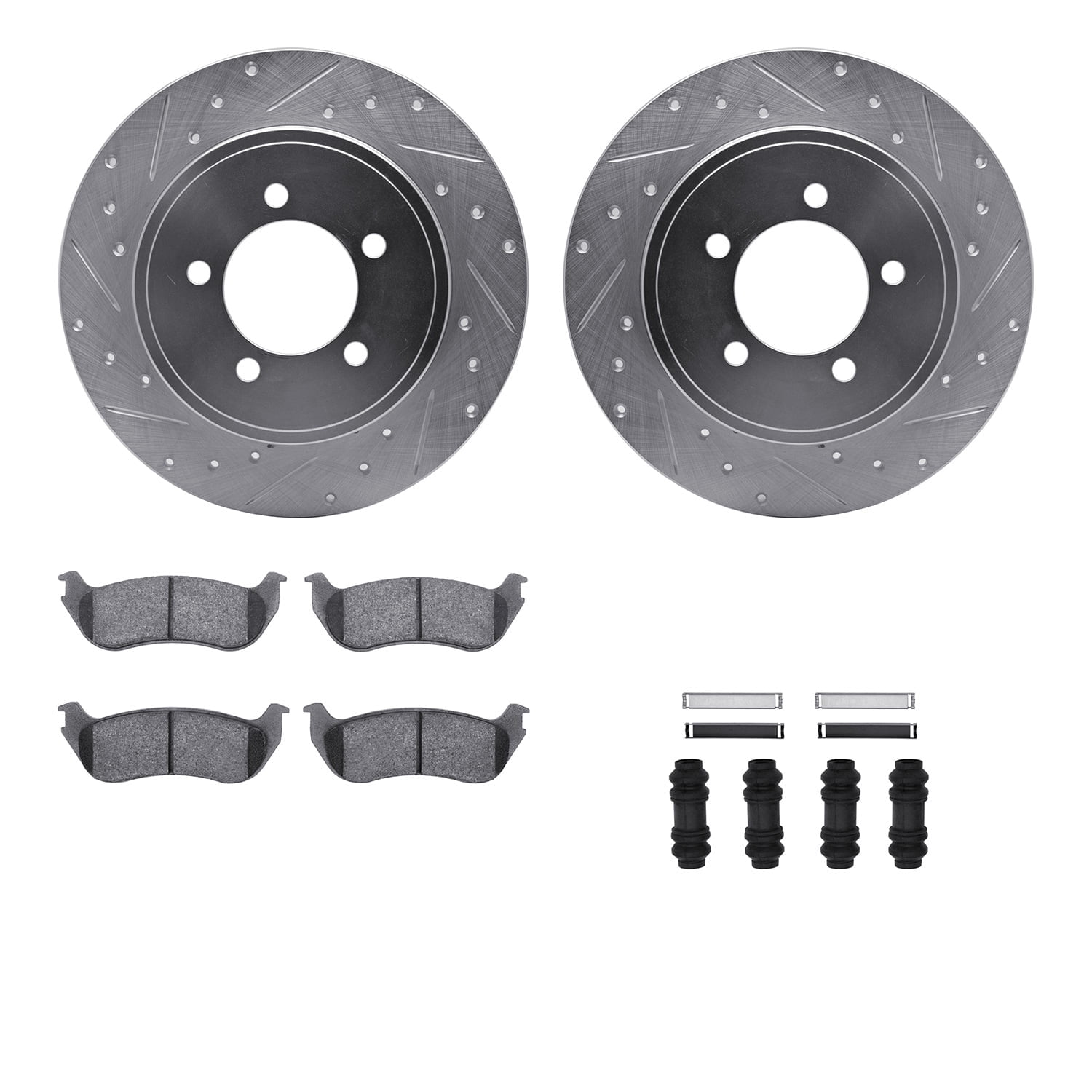 Dynamic Friction Company Rear Brake Rotors-Drilled and Slotted-Silver with Heavy Duty Brake Pads includes Hardware 7212-54006