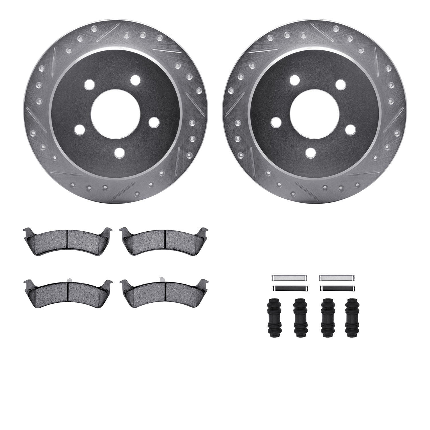 Dynamic Friction Company Rear Brake Rotors-Drilled and Slotted-Silver with Heavy Duty Brake Pads includes Hardware 7212-99127