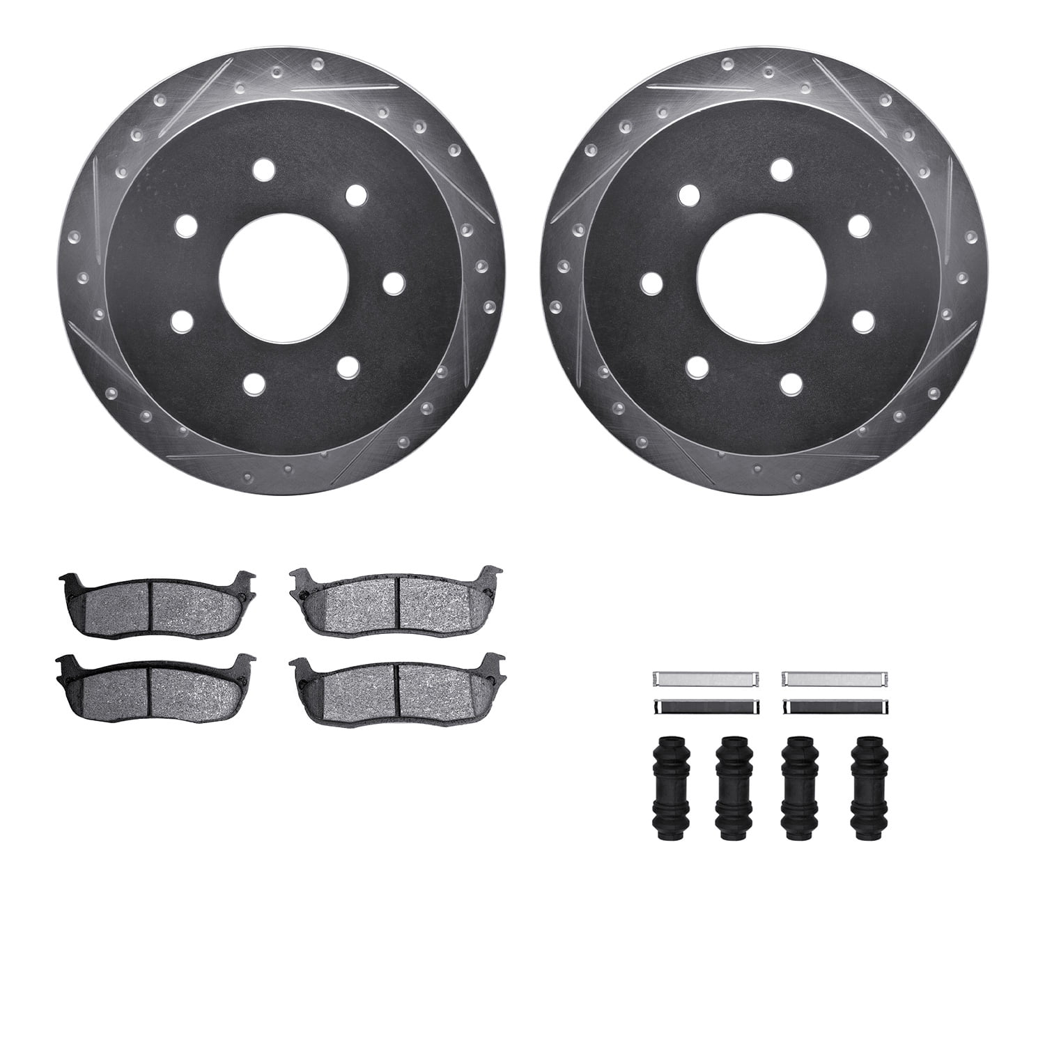 Dynamic Friction Company Rear Brake Rotors-Drilled and Slotted-Silver with Heavy Duty Brake Pads includes Hardware 7212-99137