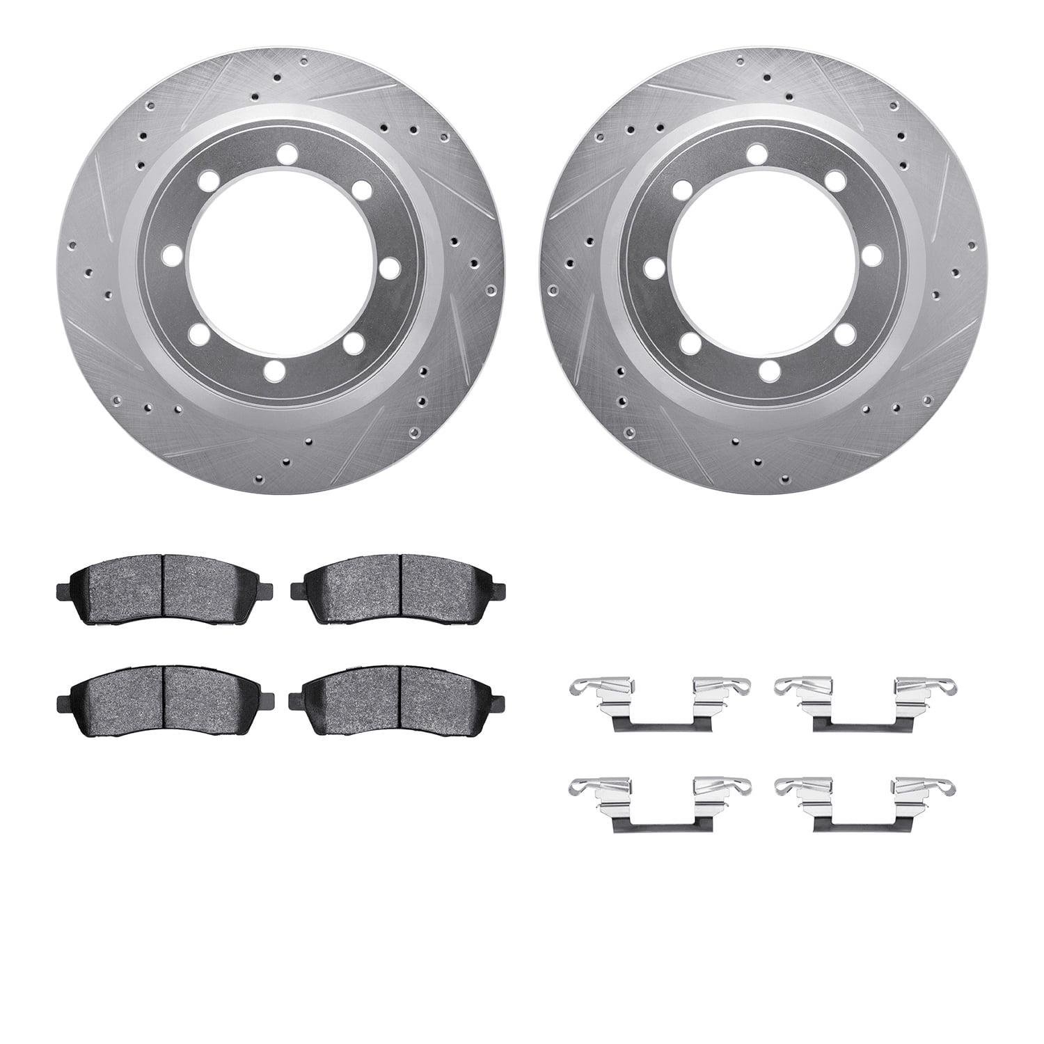 Dynamic Friction Company Rear Brake Rotors-Drilled and Slotted-Silver with Heavy Duty Brake Pads includes Hardware 7212-99149