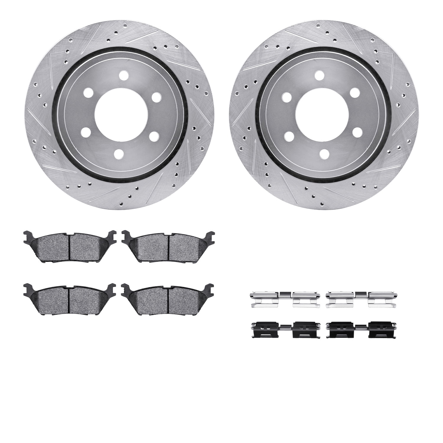 Dynamic Friction Company Rear Brake Rotors-Drilled and Slotted-Silver with Heavy Duty Brake Pads includes Hardware 7212-99244