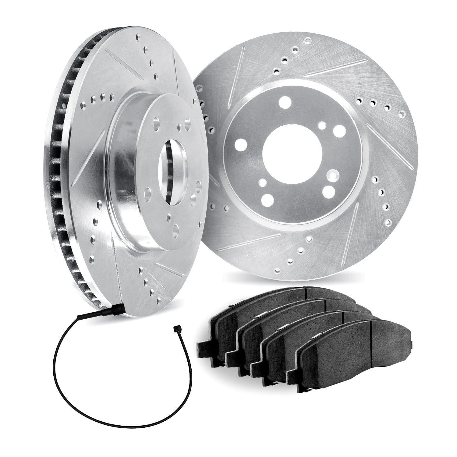 Dynamic Friction Company Rear Brake Rotors Drilled and Slotted Silver with Heavy Duty Brake Pads includes Sensor - 7232-40001