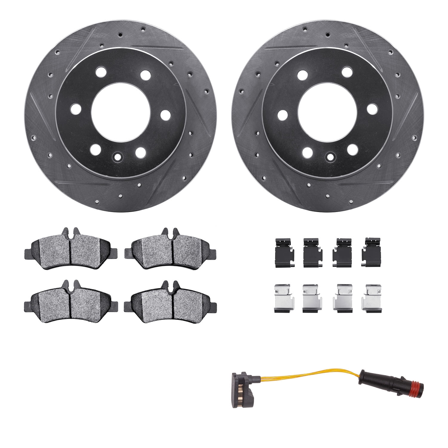 Dynamic Friction Company Rear Brake Rotors-Drilled and Slotted-Silver with Heavy Duty Brake Pads includes Sensor and Hardware 7222-40014