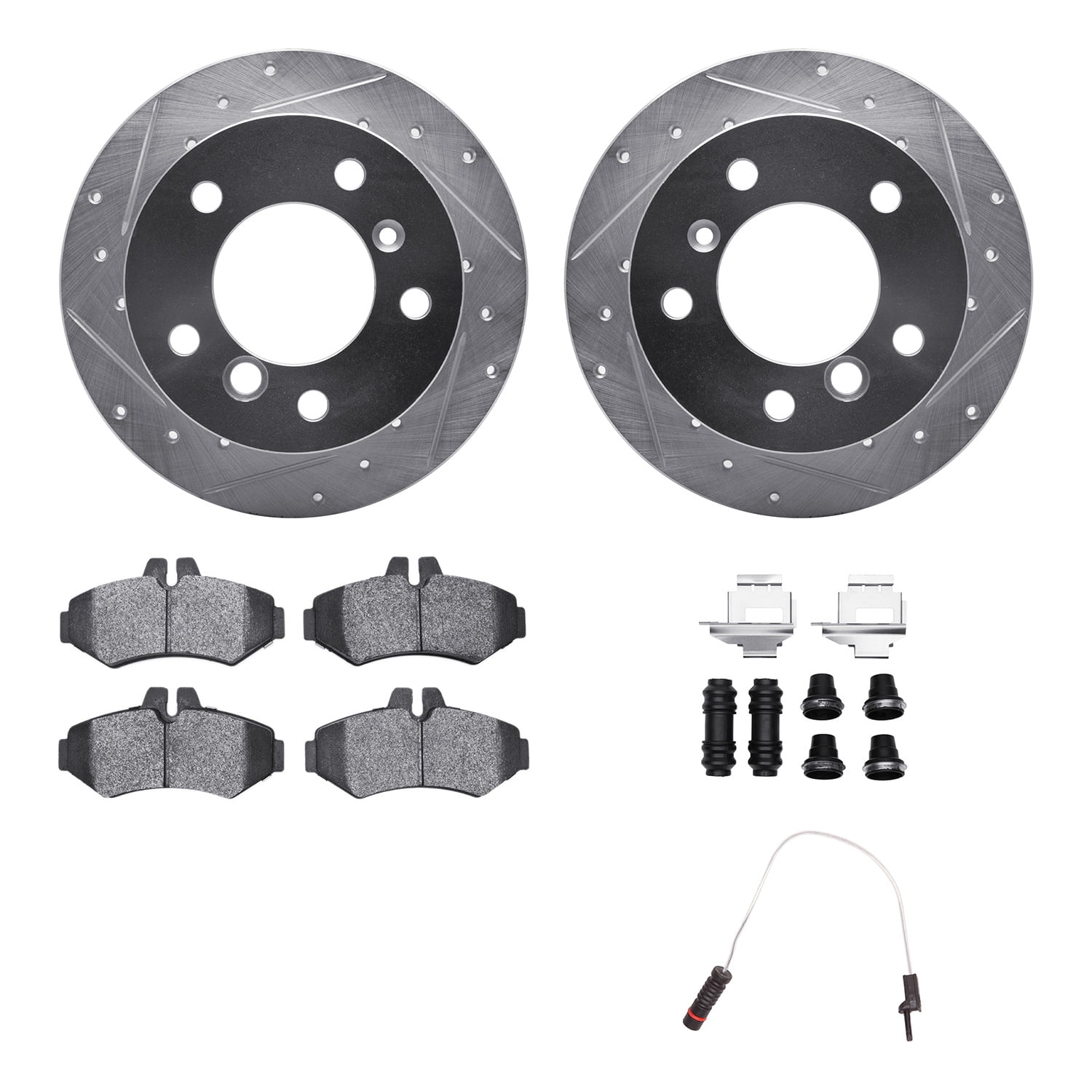 Dynamic Friction Company Rear Brake Rotors Drilled and Slotted Silver with Heavy Duty Brake Pads includes Sensor and Hardware - 7222-63193