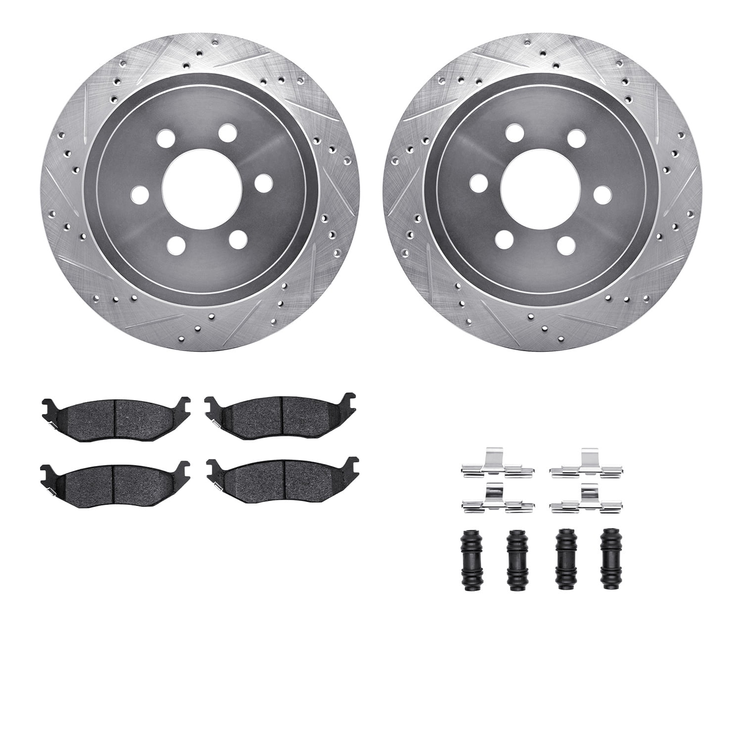Dynamic Friction Company Rear Brake Rotors-Drilled and Slotted-Silver with Ultimate Duty Performance Brake Pads includes Hardware 7412-40015