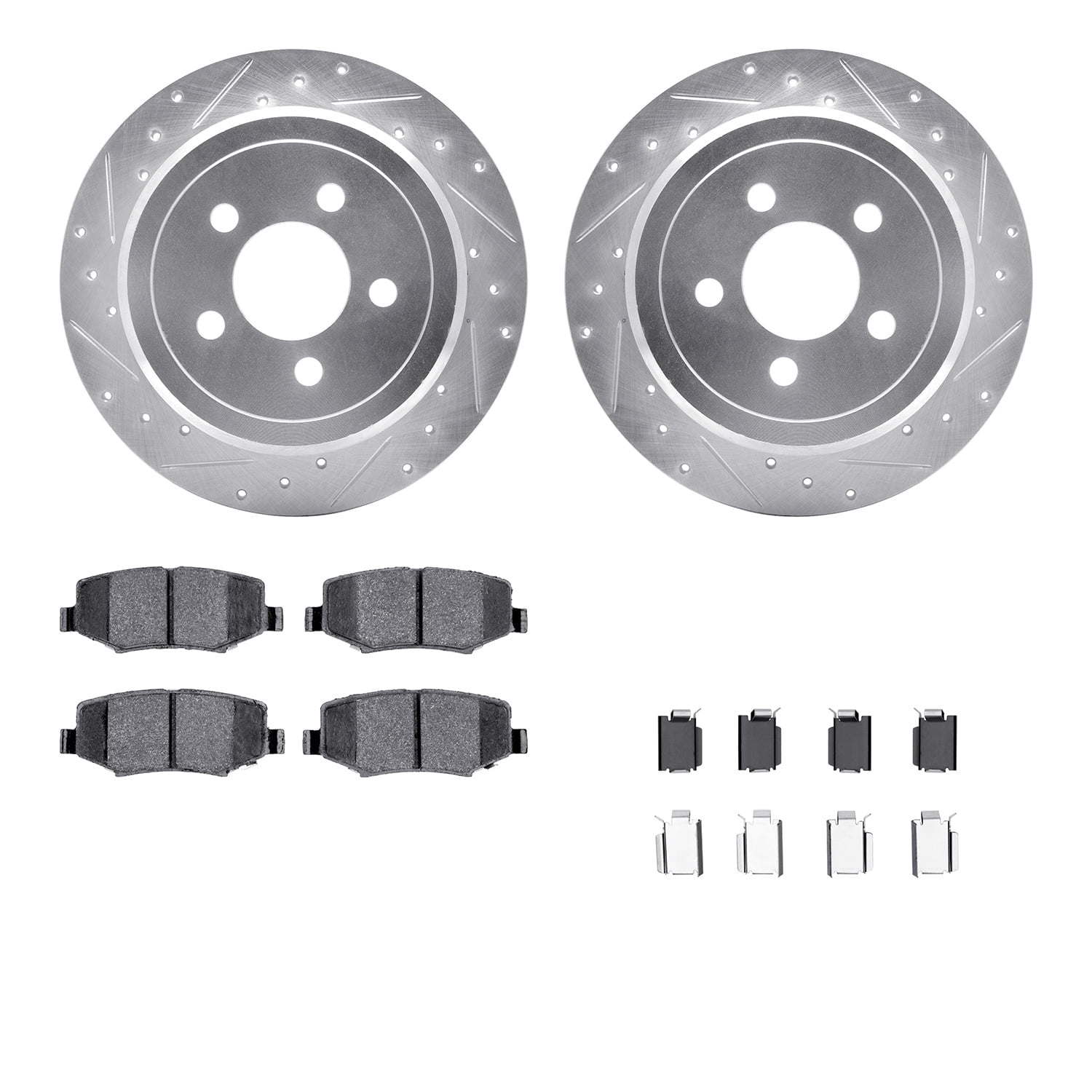 Dynamic Friction Company Rear Brake Rotors-Drilled and Slotted-Silver with Ultimate Duty Performance Brake Pads includes Hardware 7412-42026