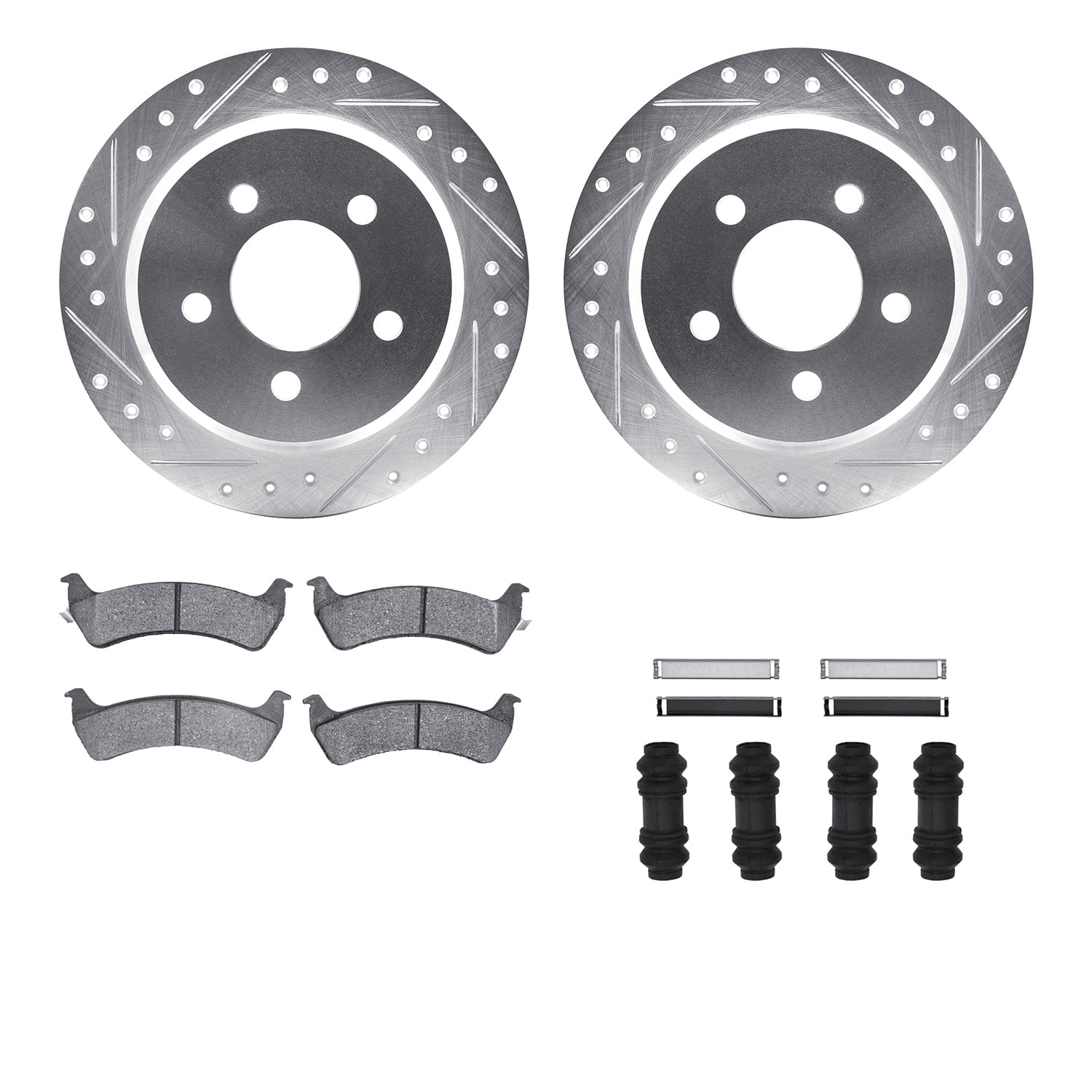 Dynamic Friction Company Rear Brake Rotors-Drilled and Slotted-Silver with Ultimate Duty Performance Brake Pads includes Hardware 7412-42030
