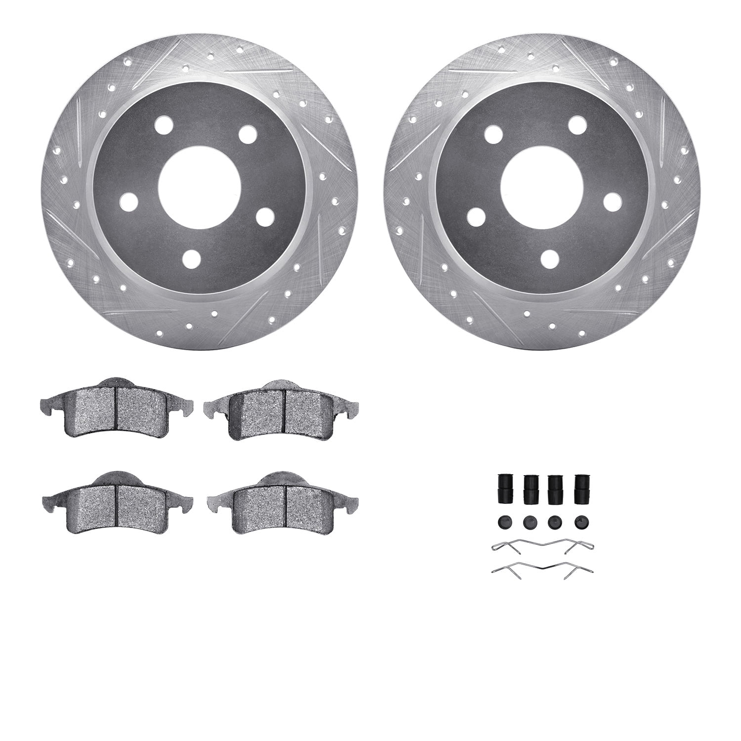 Dynamic Friction Company Rear Brake Rotors-Drilled and Slotted-Silver with Ultimate Duty Performance Brake Pads includes Hardware 7412-42034