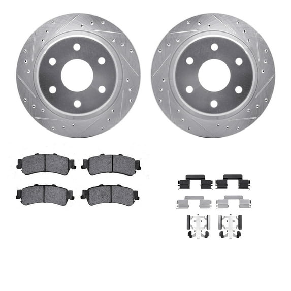Dynamic Friction Company Rear Brake Rotors-Drilled and Slotted-Silver with Ultimate Duty Performance Brake Pads includes Hardware 7412-48023