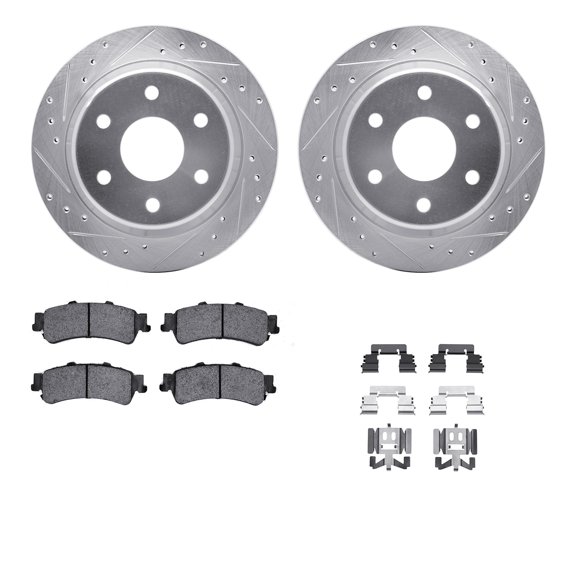 Dynamic Friction Company Rear Brake Rotors-Drilled and Slotted-Silver with Ultimate Duty Performance Brake Pads includes Hardware 7412-48024