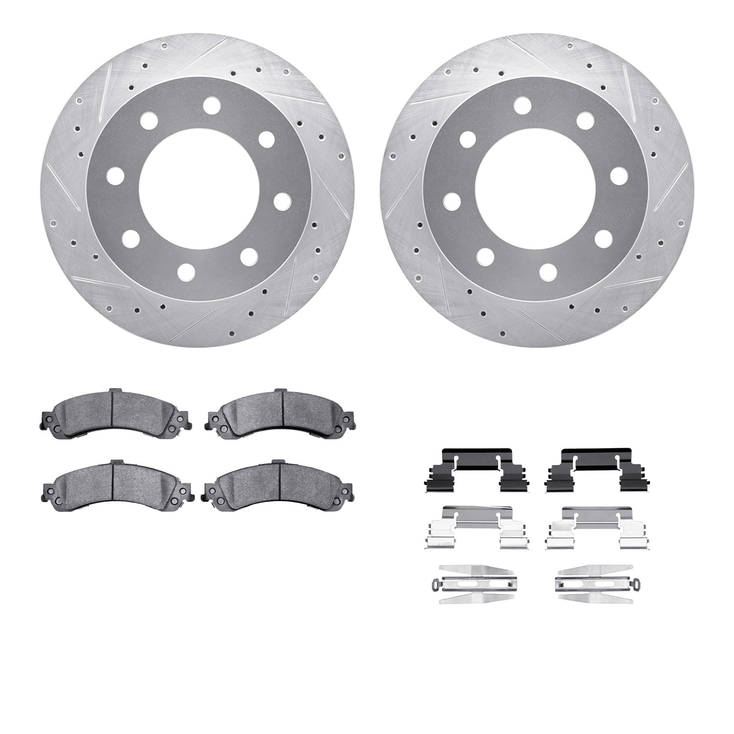 Dynamic Friction Company Rear Brake Rotors-Drilled and Slotted-Silver with Ultimate Duty Performance Brake Pads includes Hardware 7412-48033