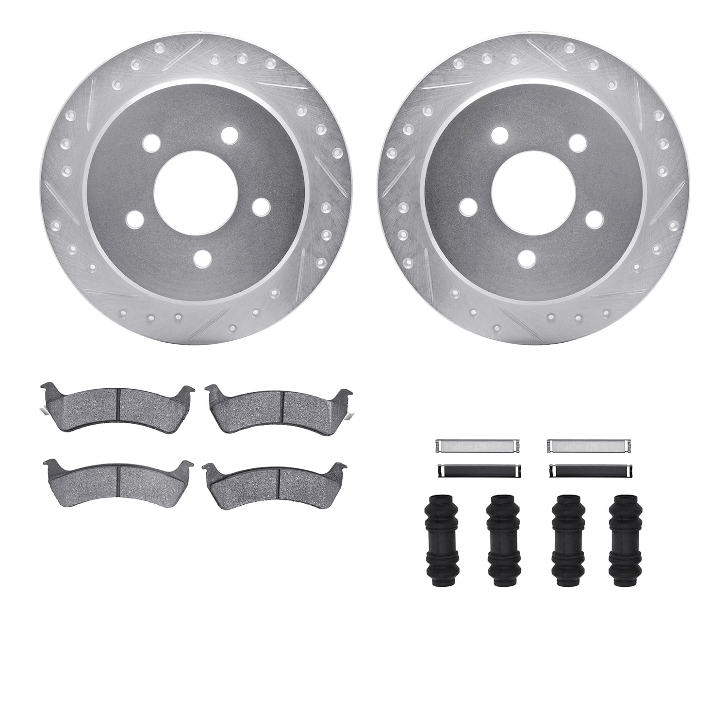 Dynamic Friction Company Rear Brake Rotors-Drilled and Slotted-Silver with Ultimate Duty Performance Brake Pads includes Hardware 7412-54031