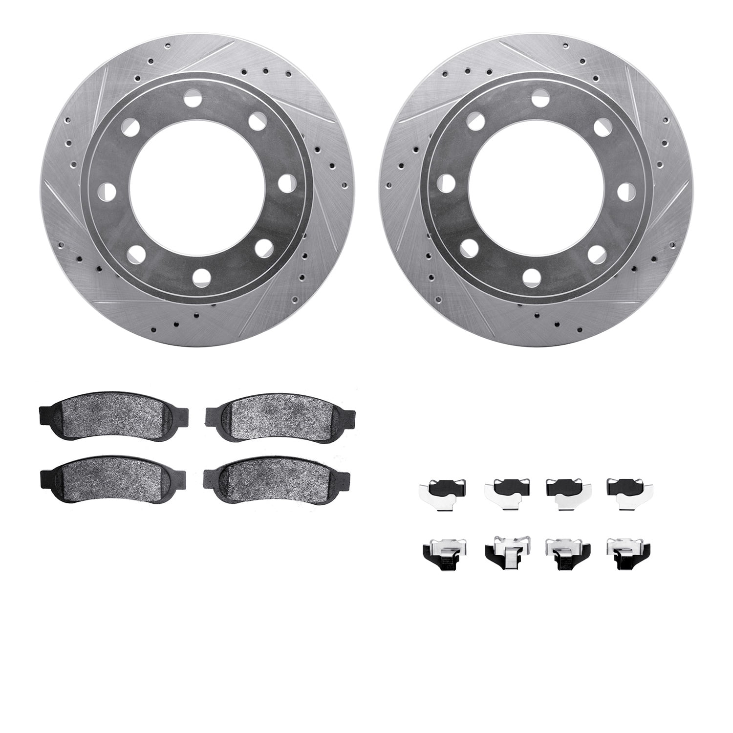 Dynamic Friction Company Rear Brake Rotors-Drilled and Slotted-Silver with Ultimate Duty Performance Brake Pads includes Hardware 7412-54085