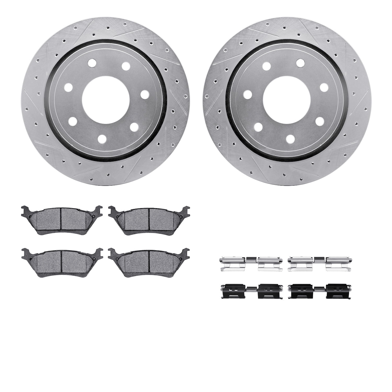 Dynamic Friction Company Rear Brake Rotors-Drilled and Slotted-Silver with Ultimate Duty Performance Brake Pads includes Hardware 7412-54096