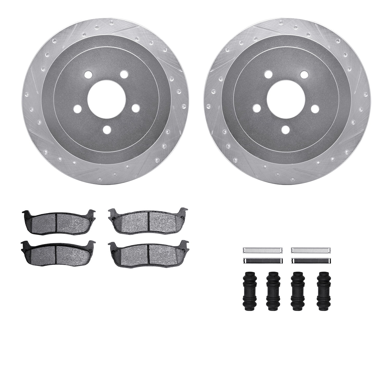 Dynamic Friction Company Rear Brake Rotors-Drilled and Slotted-Silver with Ultimate Duty Performance Brake Pads includes Hardware 7412-55001