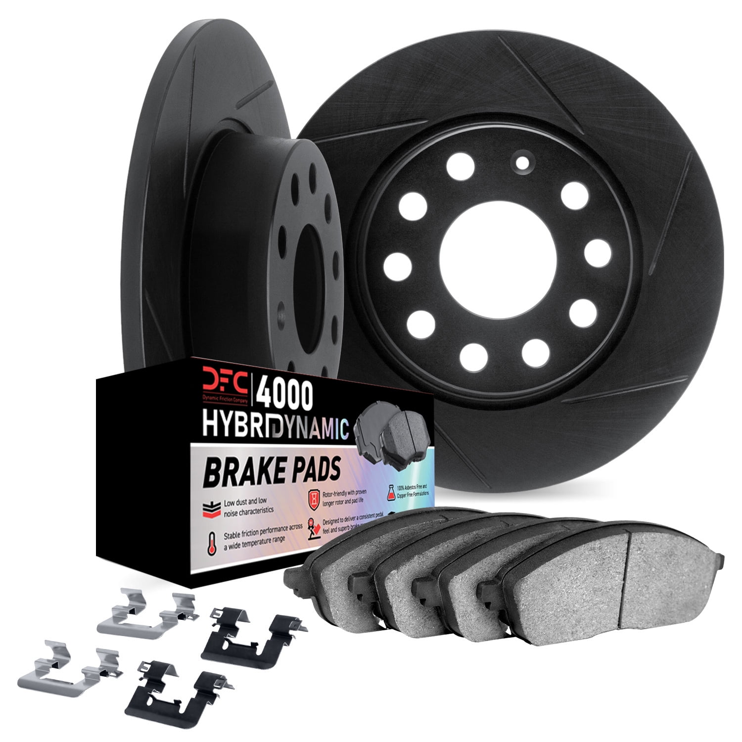 Dynamic Friction Company Rear Brake Rotors Kit Slotted Black | 4000 HybriDynamic Brake Pads includes Hardware 3812-13041
