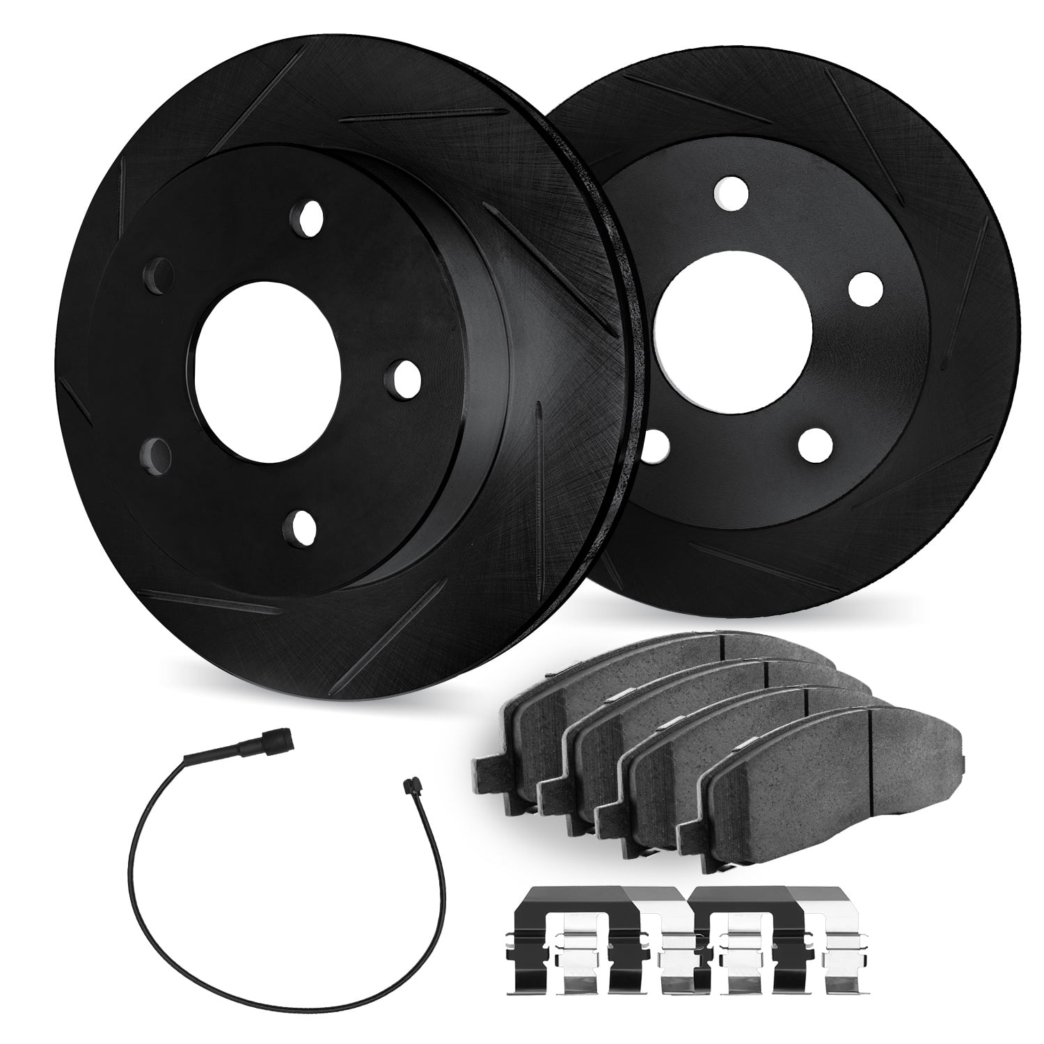 Dynamic Friction Company Rear Brake Rotors Slotted Black with Heavy Duty Brake Pads includes Sensor and Hardware - 3222-40014