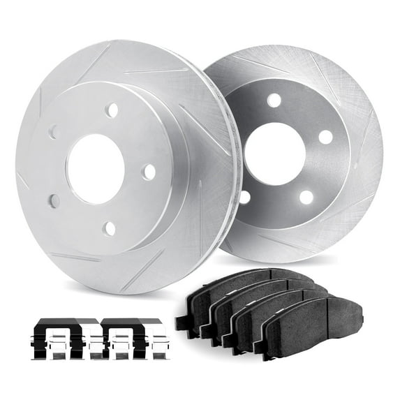 Dynamic Friction Company Rear Brake Rotors Slotted Silver with Heavy Duty Brake Pads includes Hardware - 5212-48018
