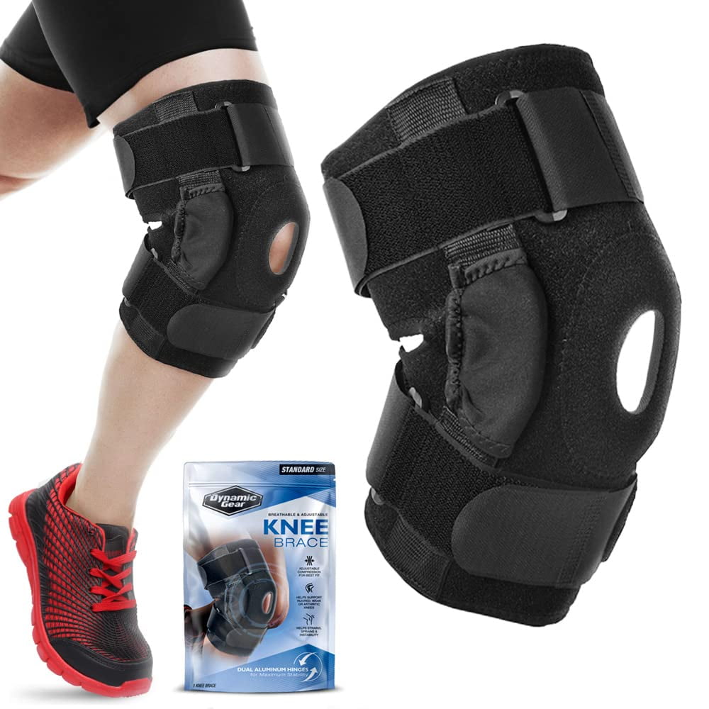 Dynamic Gear Open Patella Stabilizing Knee Brace, Dual Aluminum Stability  Hinges, Padded Neoprene Adjustable Compression Support Brace for Meniscus