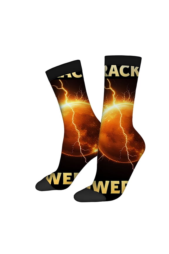Dynamic Lightning Pattern Socks (2 Pairs) - Unisex Trendy Design with Bold ' POWER ' in Gold - Four Seasons Universal Mixed Color Socks