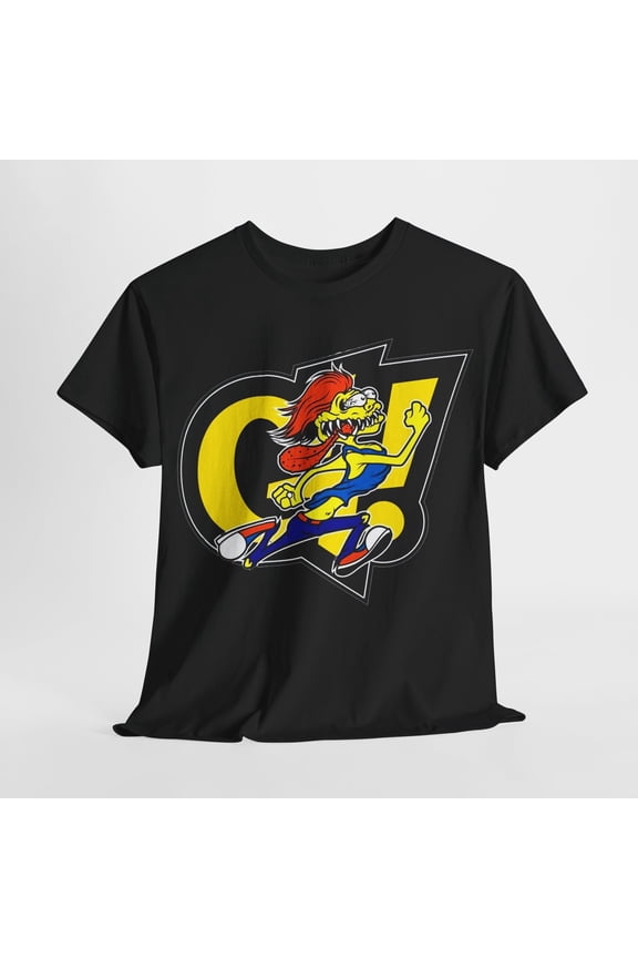 Dynamic Men's T-Shirt Featuring Cartoon Running Mascot with Bold Graphic Design